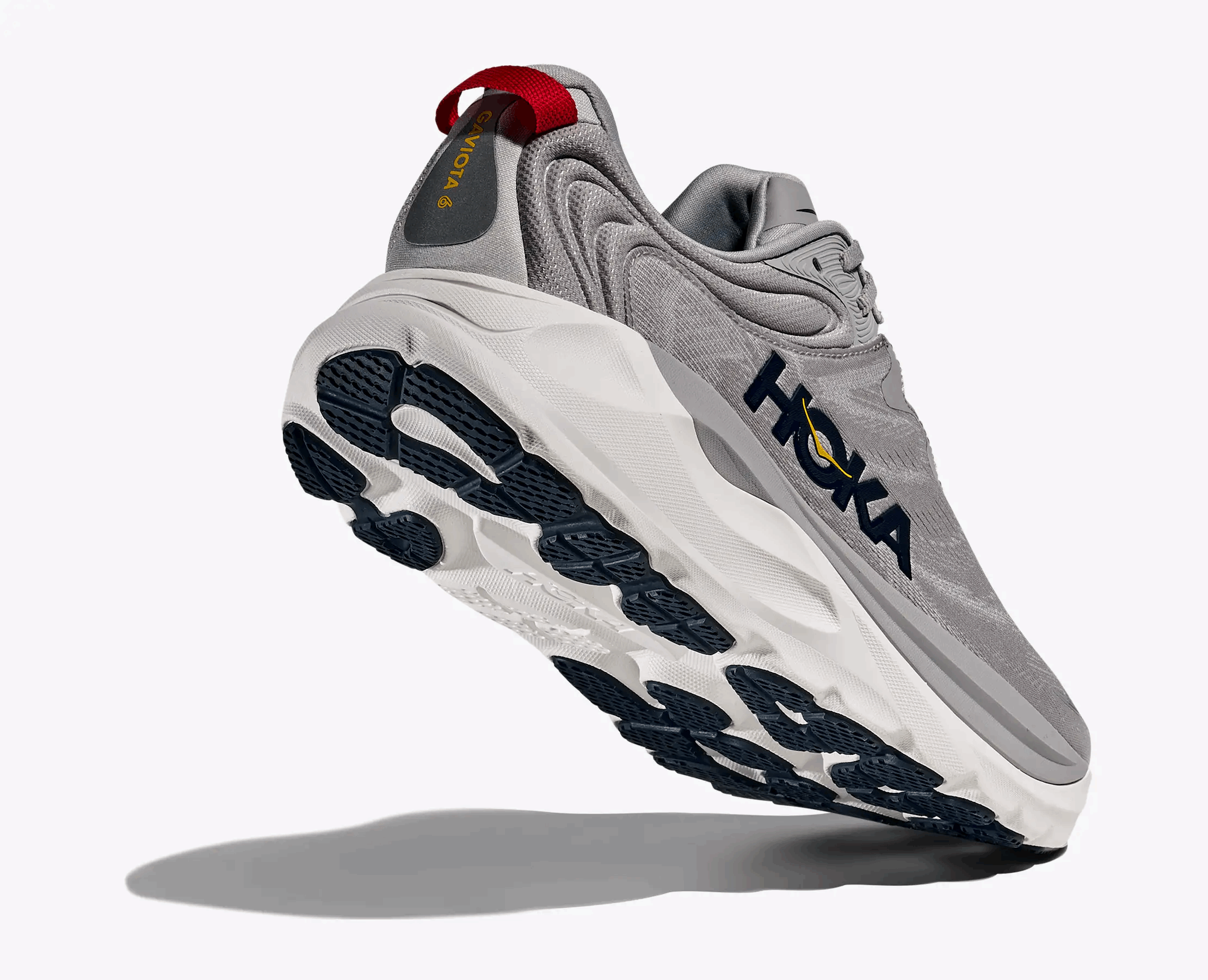 HOKA men’s Gaviota 6 running shoe in light gray with navy tread and cushioned sole