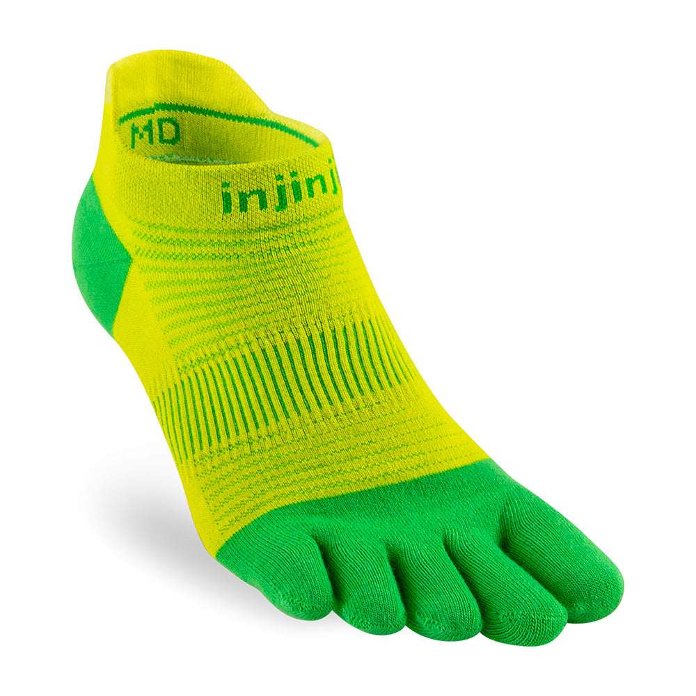 Neon green/yellow no-show Injinji toe running sock with five separated toes