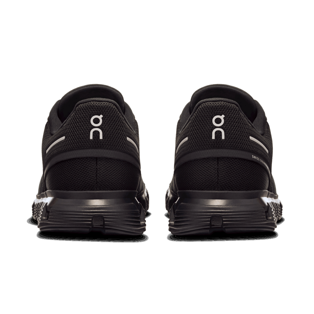 Men's On Cloud 6 black running shoes, rear view with On logo and cushioned sole
