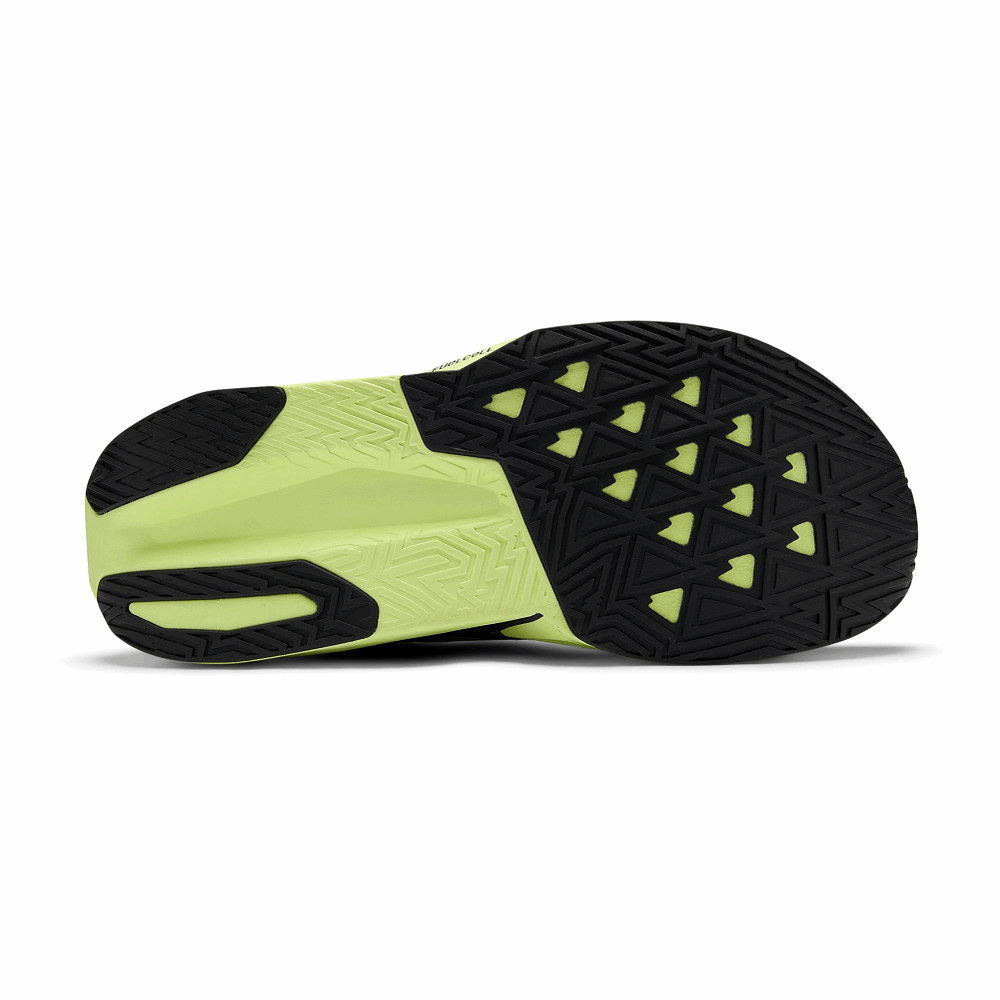 Men's Rebel v5 running shoe outsole, lime green with dark rubber tread and side panel