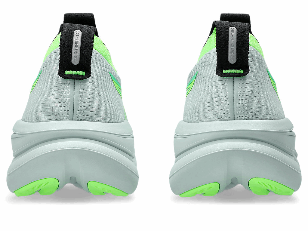 Men's ASICS Gel Nimbus 28shoes heel view, light gray upper with black collar tab and neon green sole.