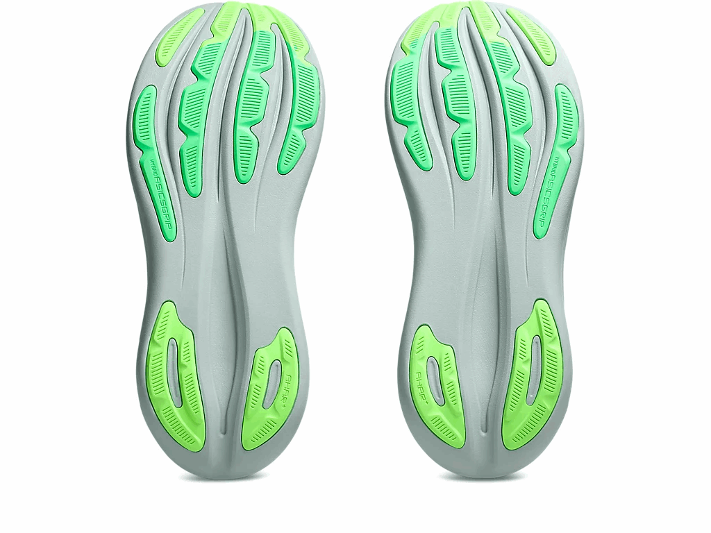 Men's Gel Nimbus 28 Shoe outsoles pair, light gray rubber with neon green tread and grip zones.