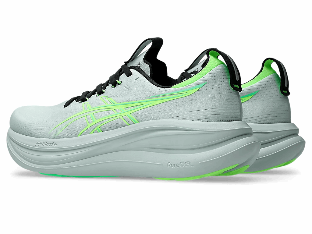 Men's ASICS Gel Nimbus 28 running shoes side view, light gray upper with black details and neon green sole.