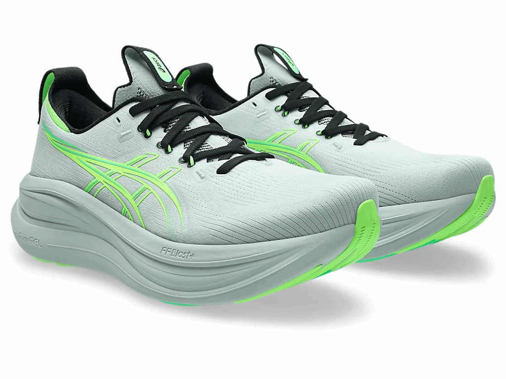 Men's ASICS wide Gel Nimbus 28 running shoes front three-quarter view, light gray upper with neon green trim.