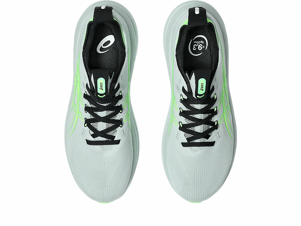 Pair of ASICS Gel Nimbus 28 shoes top view, light gray knit with black interior and neon green accents.