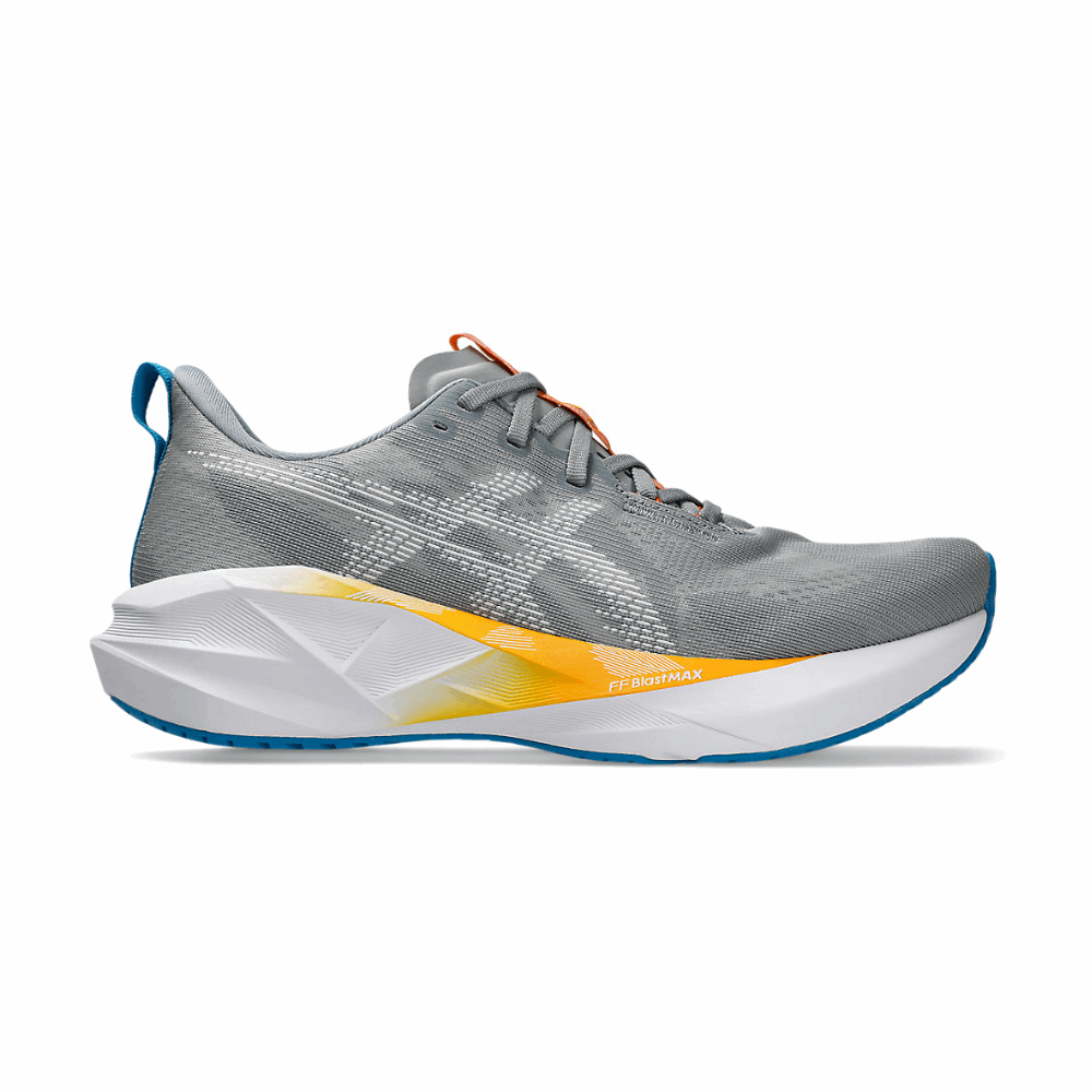 Gray men's ASICS Novablast 5 running shoe side view, orange branding stripe, white midsole, blue outsole edge.