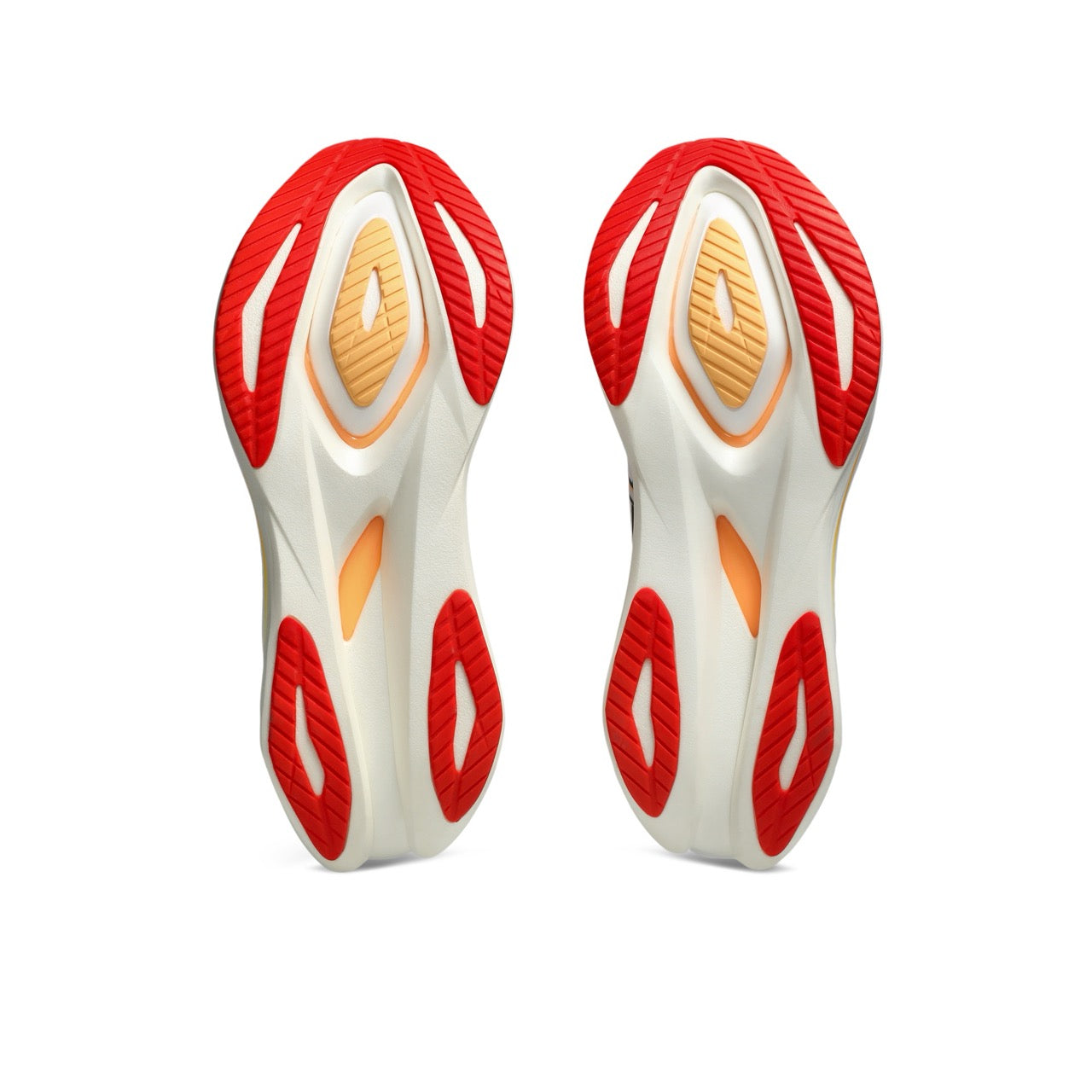 ASICS Sonicblast 2men's shoe outsole, red traction pods with white midsole and orange insert.