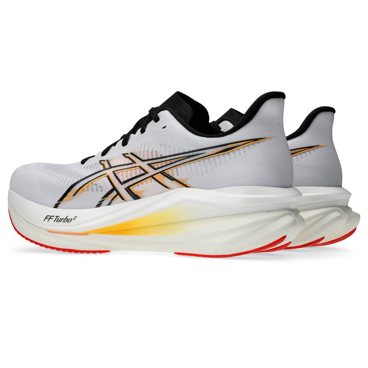 ASICS Sonicblast 2men's running shoe, side view with black collar and white upper plus orange lines.