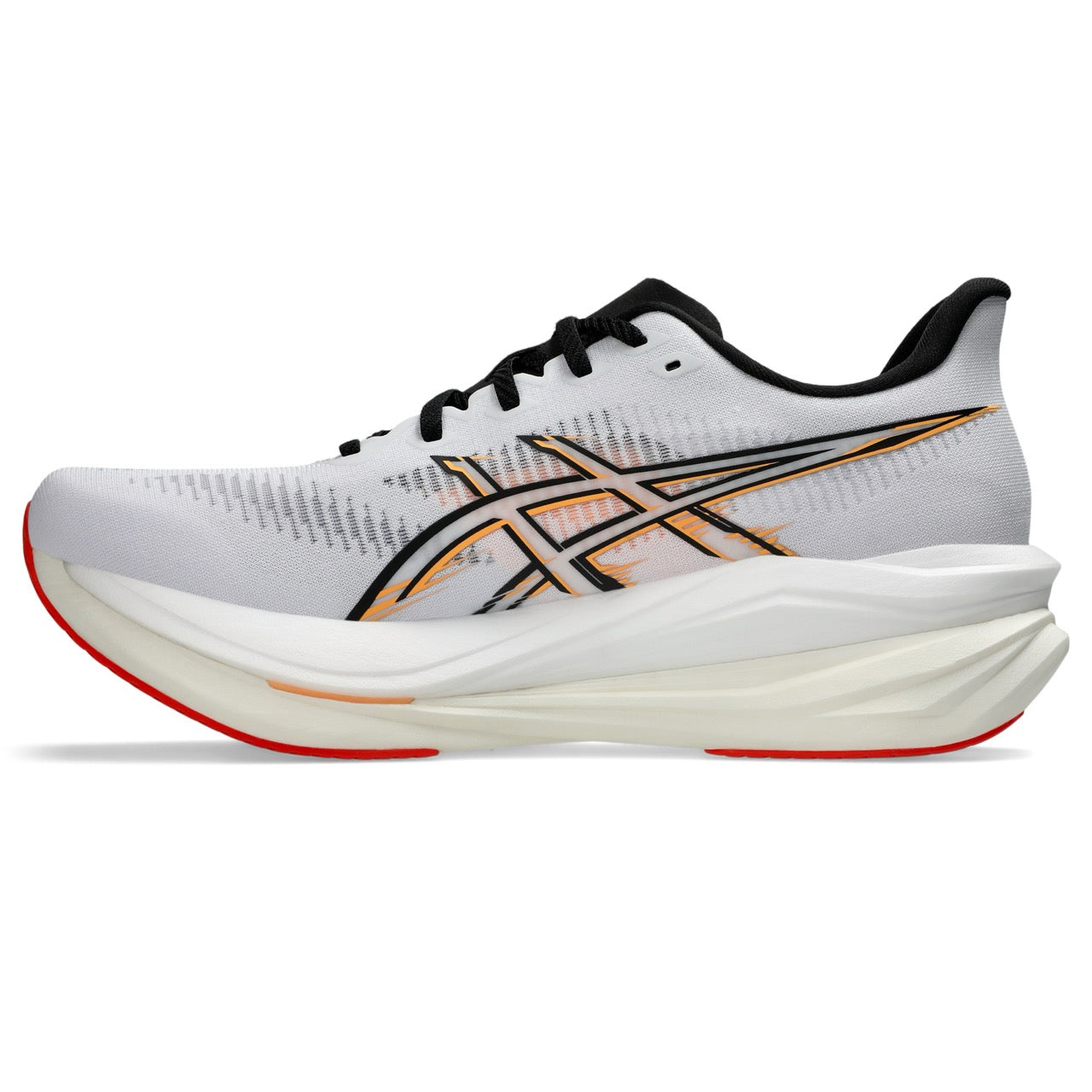 ASICS Sonicblast 2men's running shoe side profile in white with orange/black logo and red trim.
