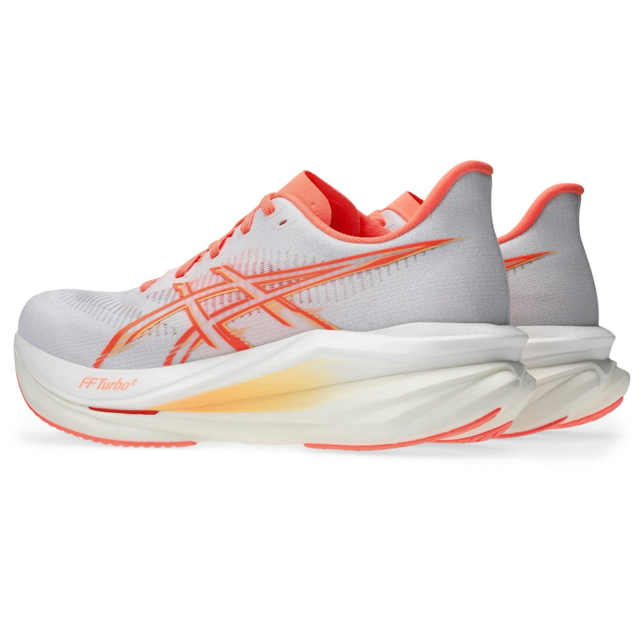 ASICS Sonicblast 2 running shoe with gray mesh upper, coral accents, FF Turbo logo, white midsole