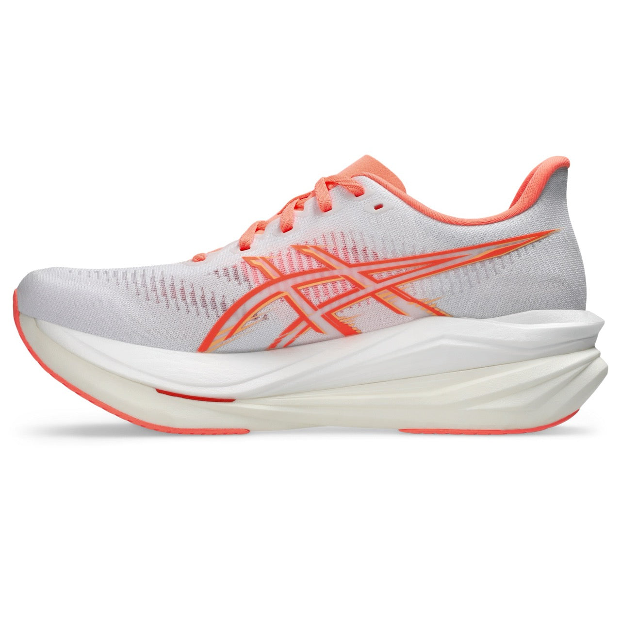 ASICS Sonicblast 2 running shoe, gray knit upper with coral Asics stripes, white midsole and outsole