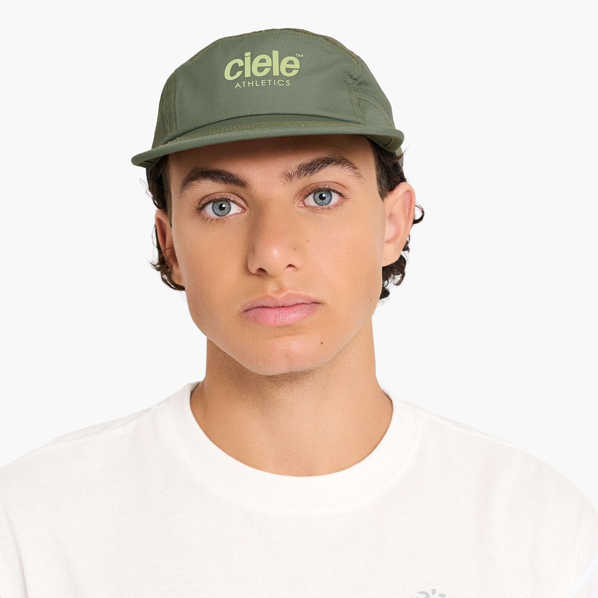 Kombu green Ciele GOCap Classic cap on model, front ciele Athletics logo.