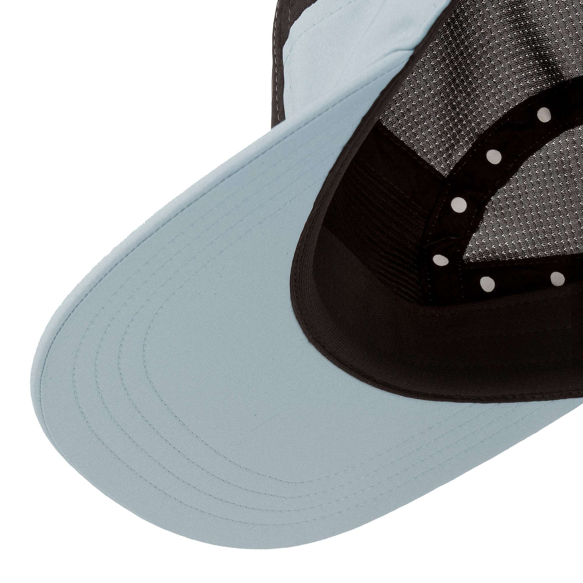 Side close-up of black-and-light-blue Ciele cap with textured fabric panel and metal snaps