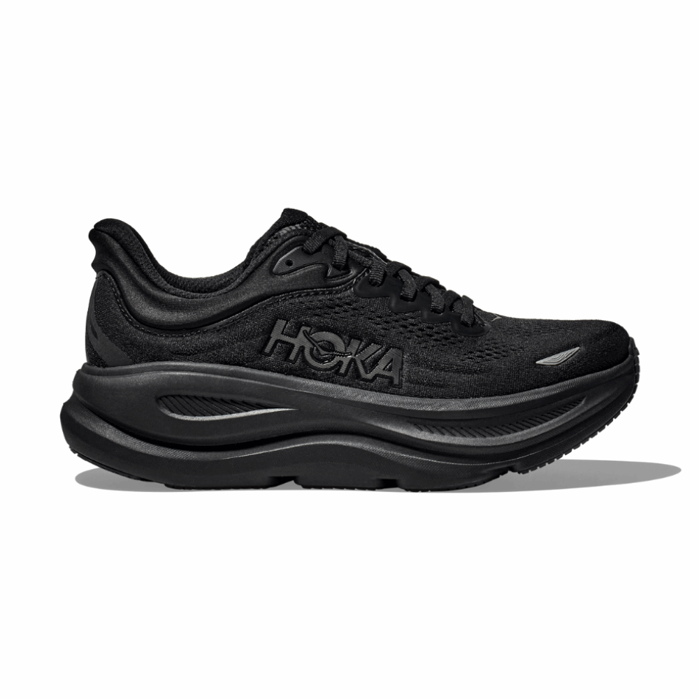 Men's black HOKA Bondi 9 running shoe with lace-up mesh upper and sculpted rocker sole