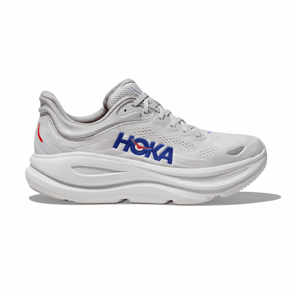 Men's HOKA Bondi 9 running shoe, light grey upper with blue HOKA logo and white sole