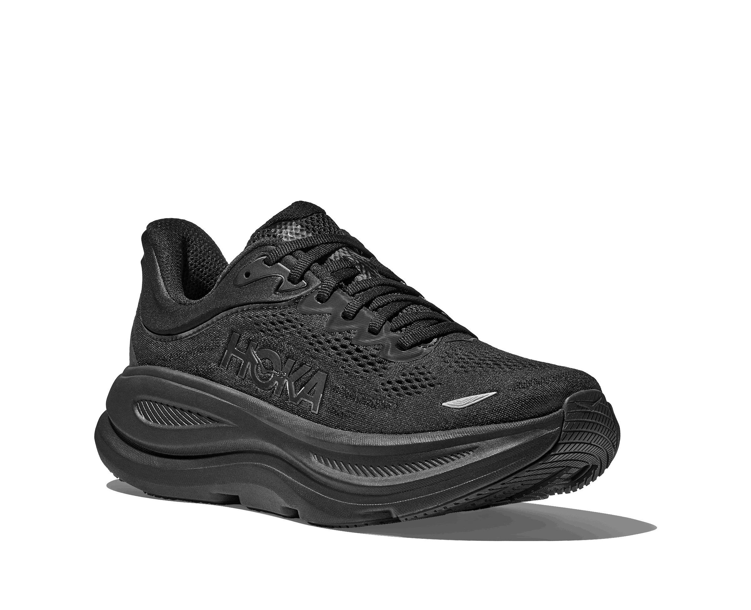 Men's HOKA Bondi 9 black lace-up running shoe with HOKA logo and cushioned rocker sole