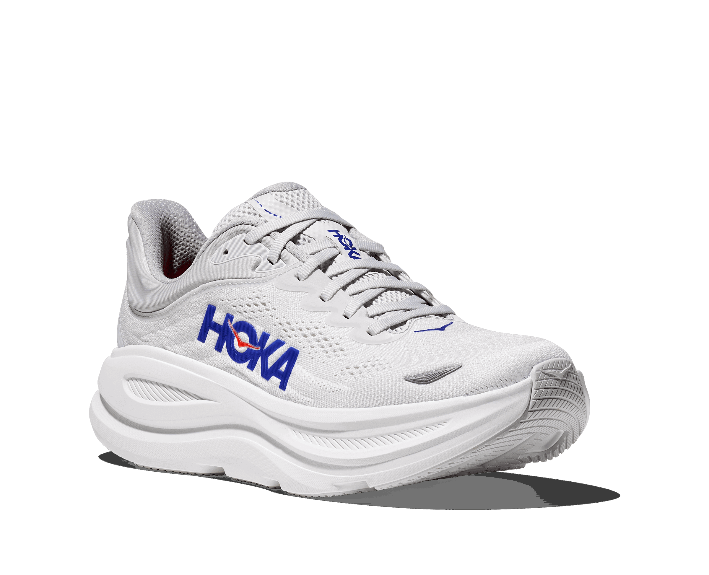 Men's wide White HOKA Bondi 9 running shoe with blue accents and cushioned midsole