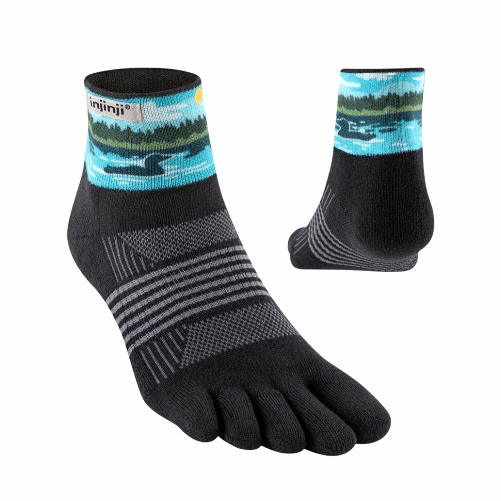 Women's mini-crew five-toe socks with teal mountain pattern and charcoal striped cuffs