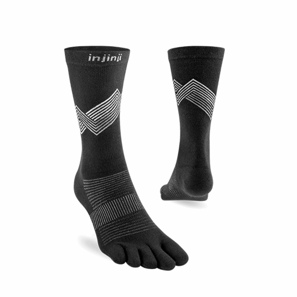 Pair of black crew Injinji running socks with gray chevron pattern and five-toe design
