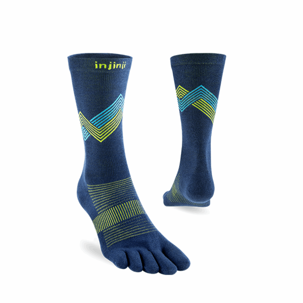 Pair of navy crew Injinji running socks with neon chevron stripes and five-toe styling