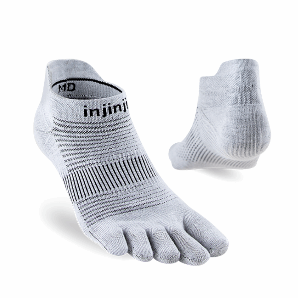 Gray no-show Injinji toe socks with five toes, ribbed arch knit and heel tab, Injinji logo