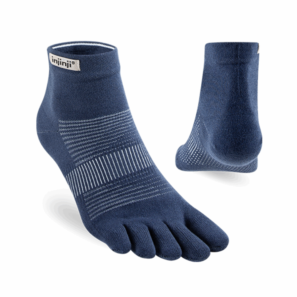 Navy mini-crew Injinji running socks with striped arch knit and five-toe design