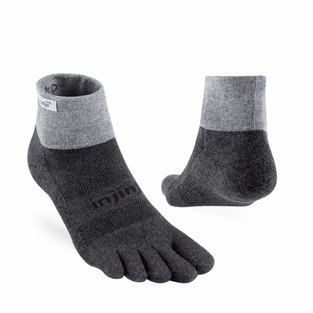 Midweight mini-crew Injinji Coolmax socks, dark gray pair with two-tone cuff and five toes