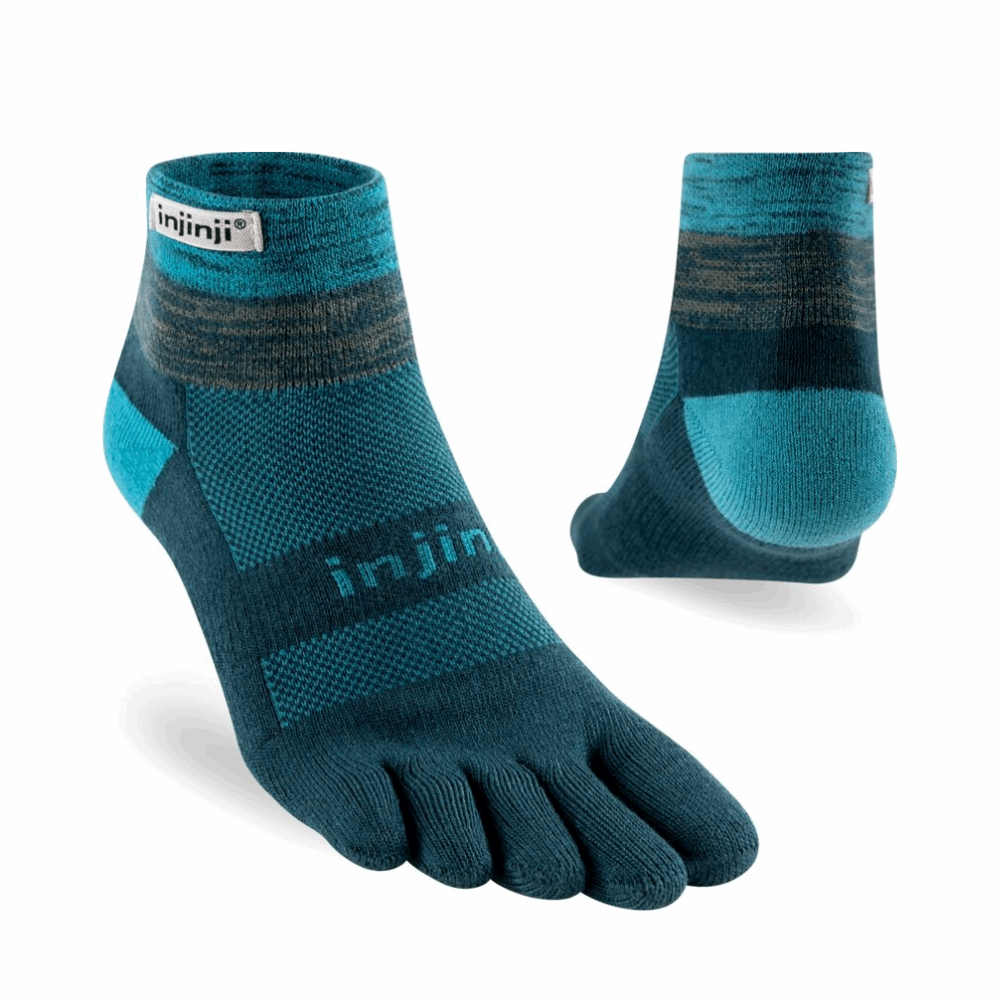 Injinji trail mini-crew socks pair in dark teal with five-toe split and cushioned heel