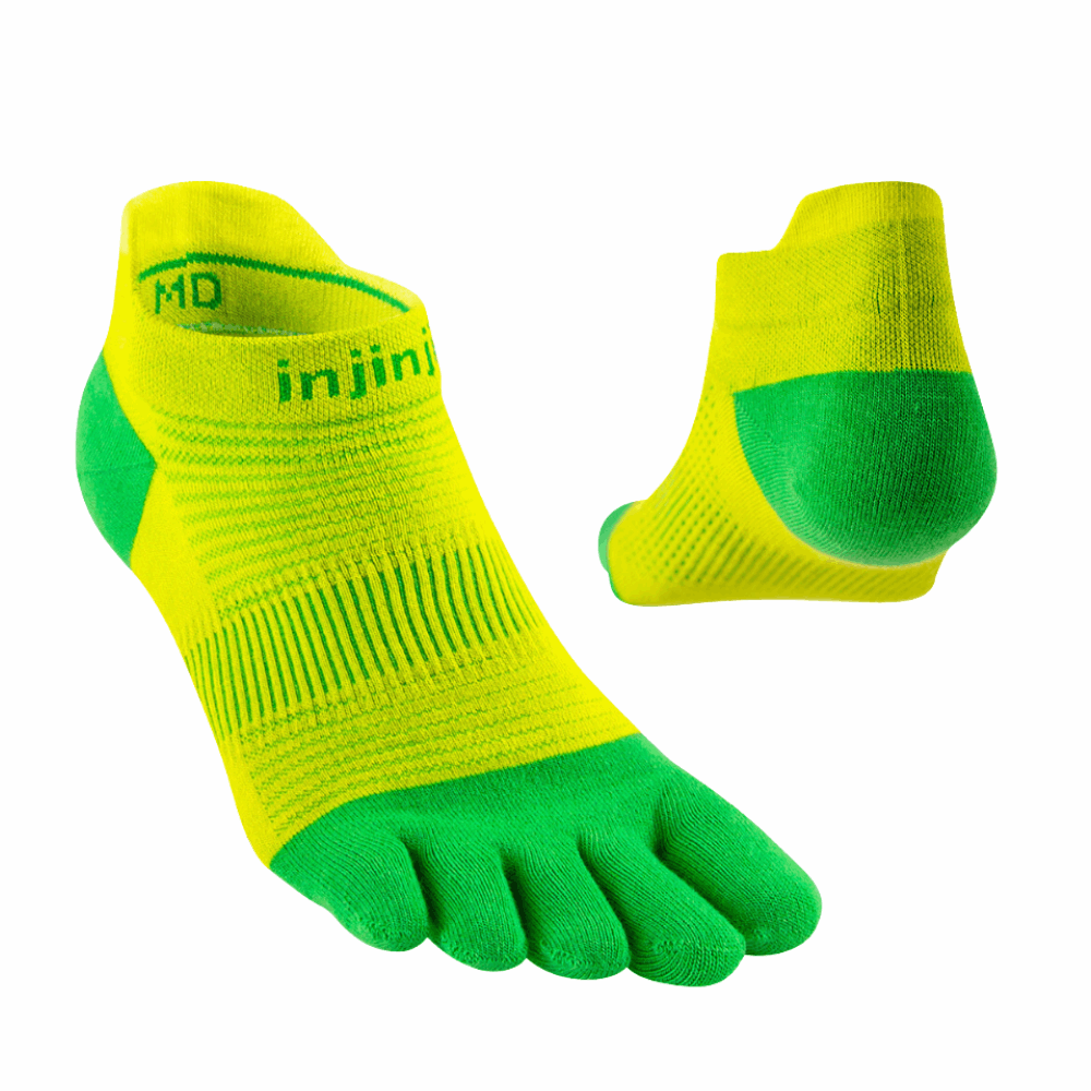 Pair of neon green/yellow no-show Injinji toe running socks with five separated toes