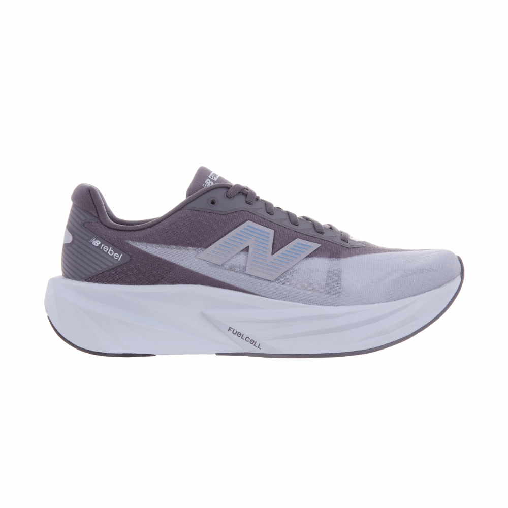 New Balance men's Rebel v5 running shoe, dark gray and light blue, side view with laces