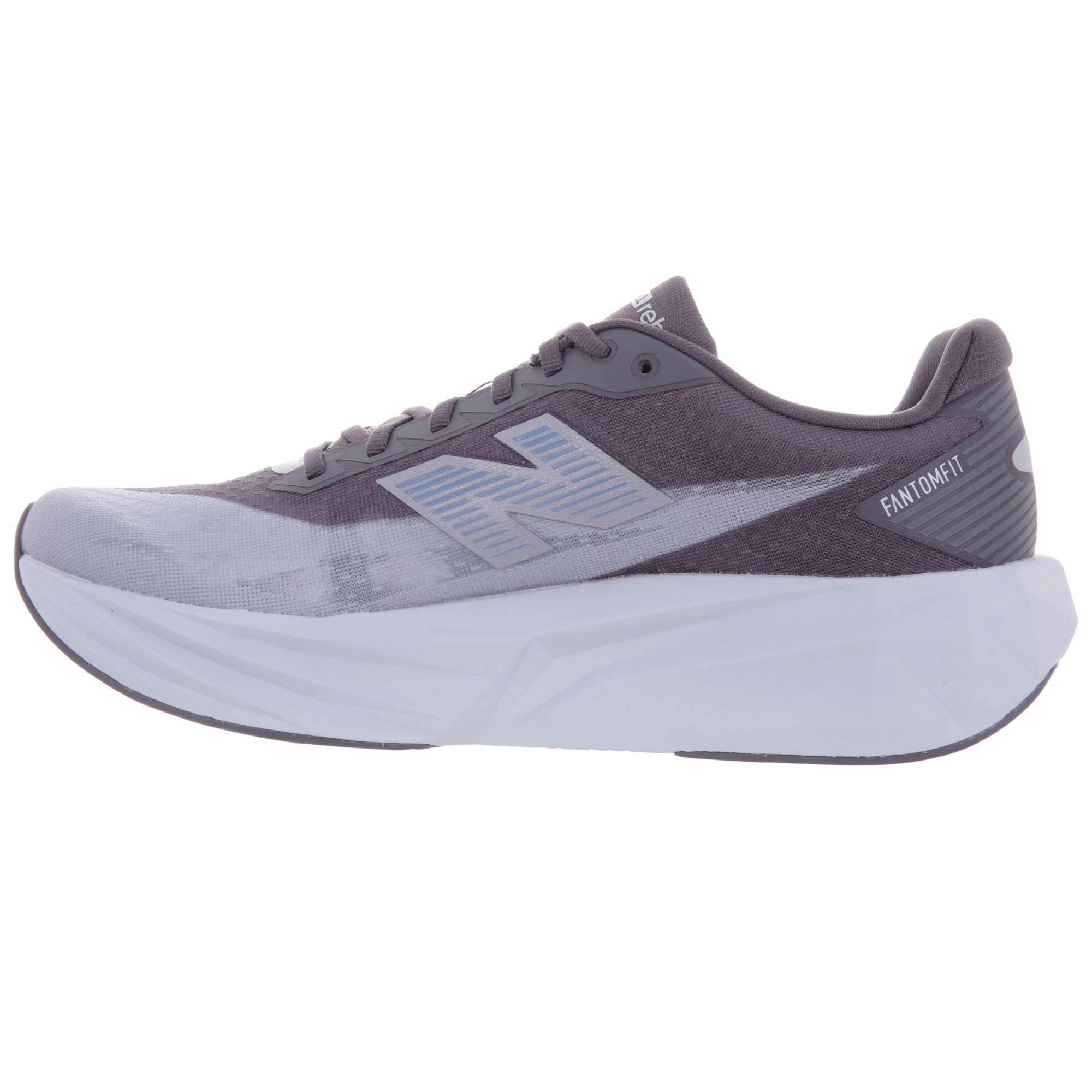 New Balance men's Rebel v5 running shoe, light blue upper with dark gray accents, side view