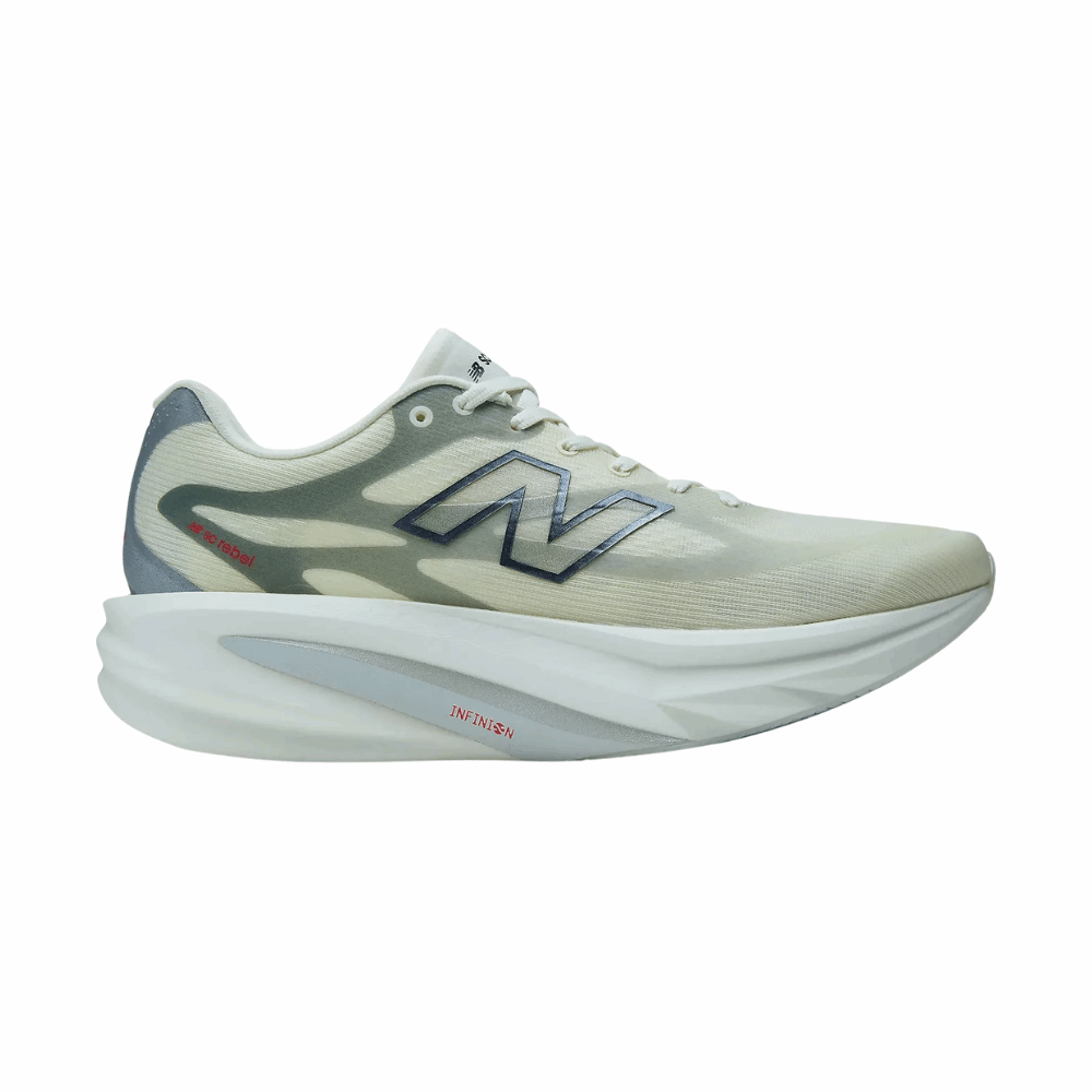 Men's SuperComp Rebel running shoes in light green with blue N logo and white laces, cushioned sole