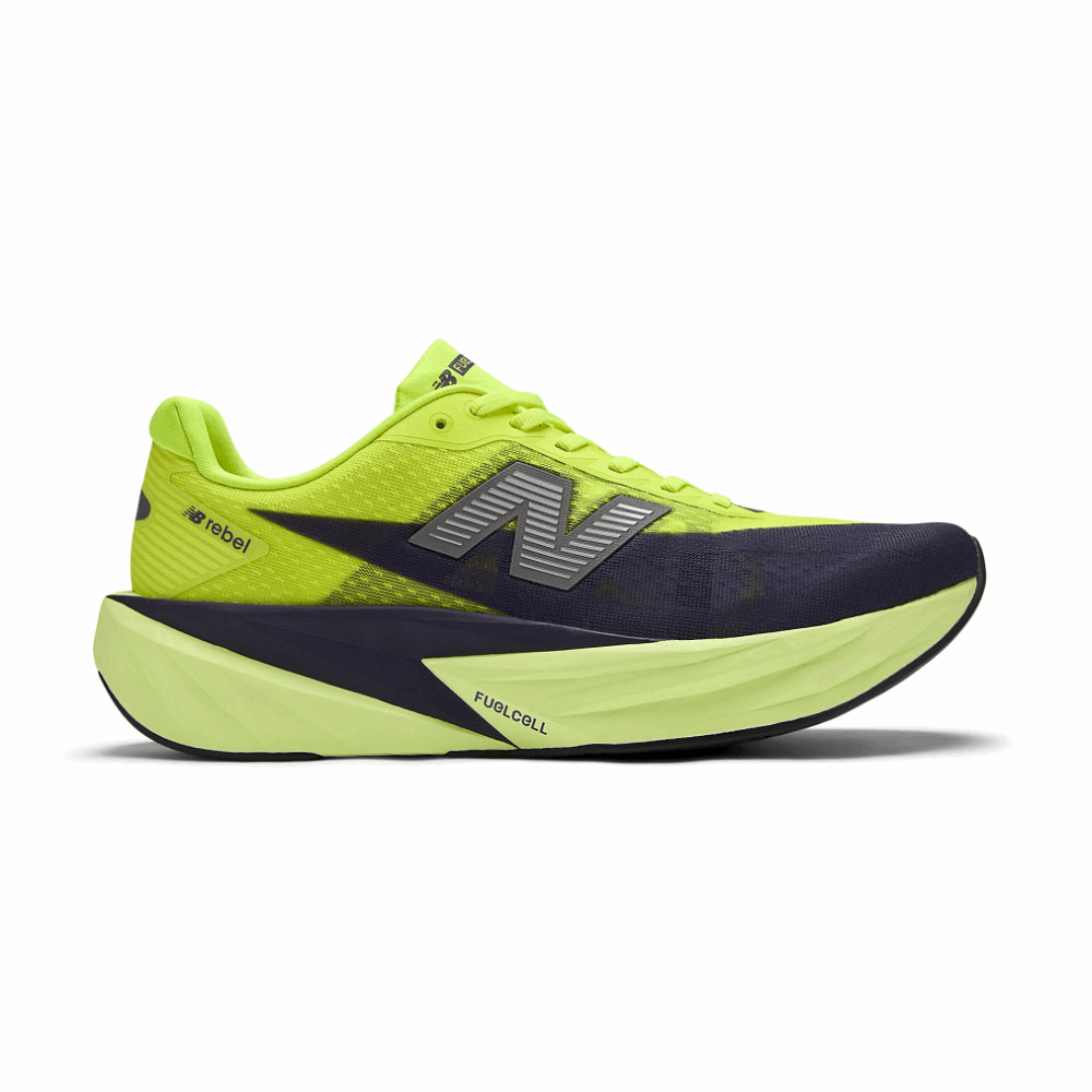 New Balance women’s FuelCell Rebel v5 running shoes, lateral side view in lime green and navy