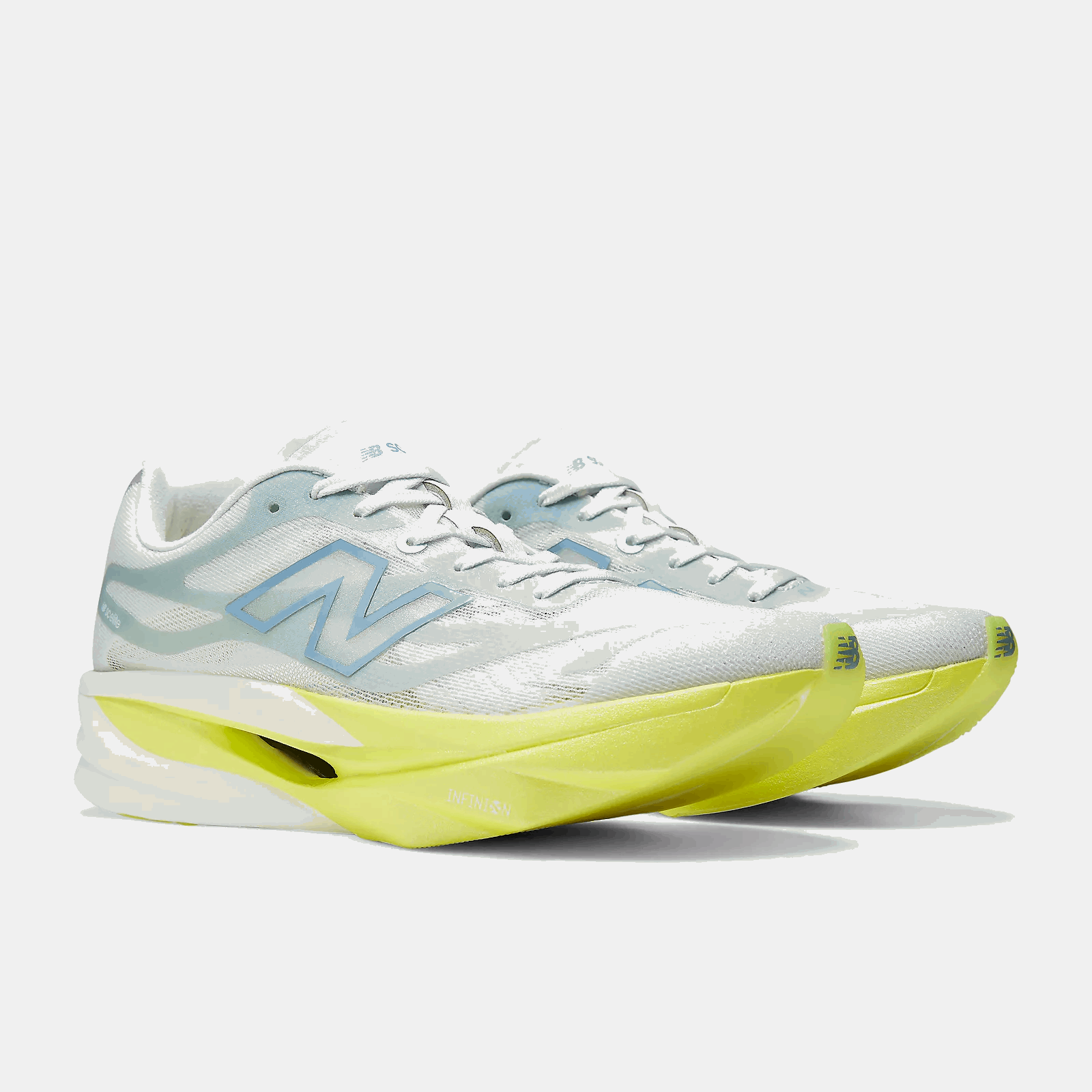 New Balance women’s SuperComp Elite running shoe, light blue knit upper with neon green accents