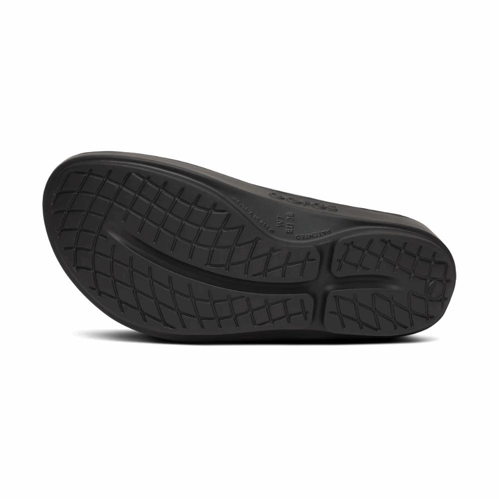 Women’s slide sandal outsole with deep grid traction tread, dark color