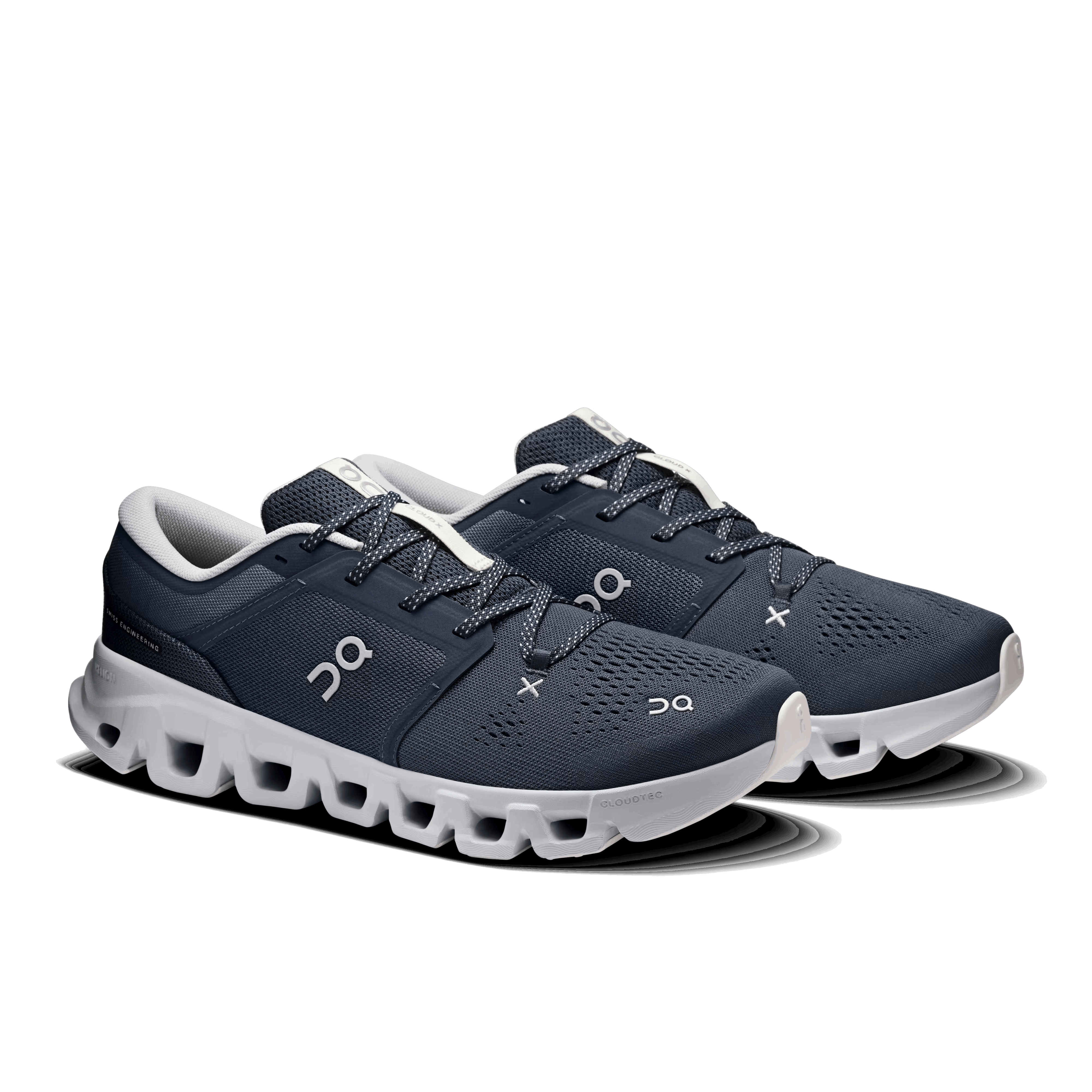 Men’s On Cloud X 5 running sneakers pair, navy mesh upper with lace-up closure and white outsole pods