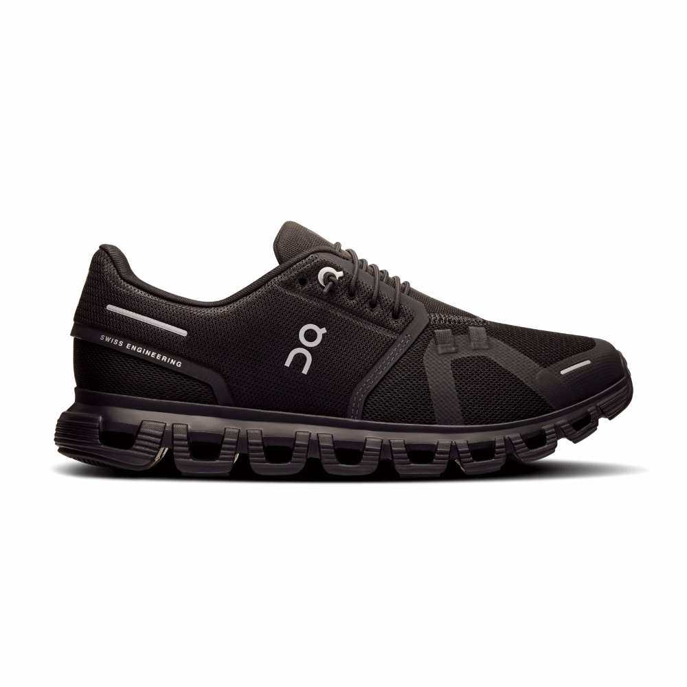 Black mesh lace-up women's On Cloud 6 running shoe with On logo and CloudTec sole