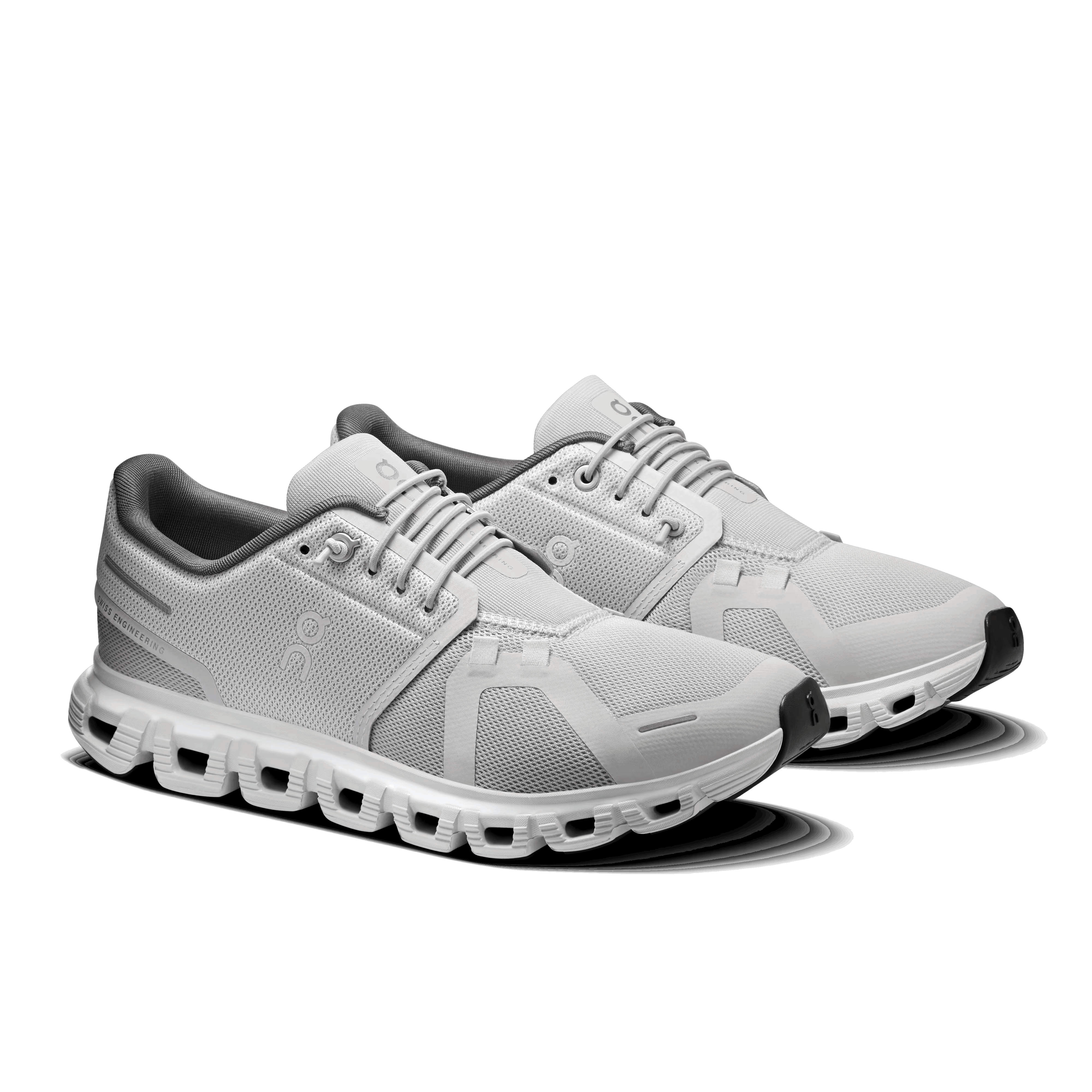 Women's On Cloud 6 running shoes pair, light gray mesh with white cushioning pods