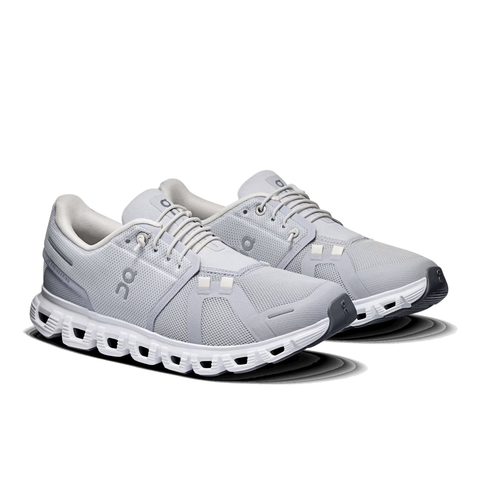 Women’s On Cloud 6 running shoes pair, side-by-side in glacier gray mesh and white laces