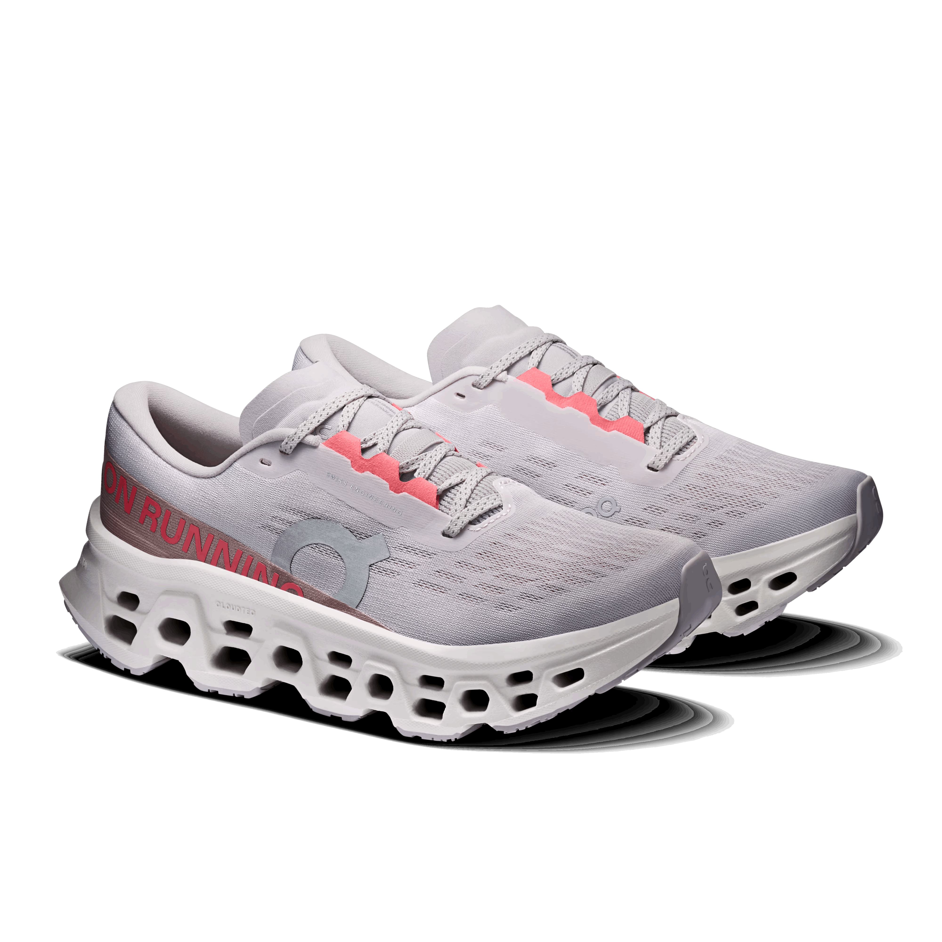 Women's On Cloudmonster 3 running shoes, light gray knit with pink and blue logo details
