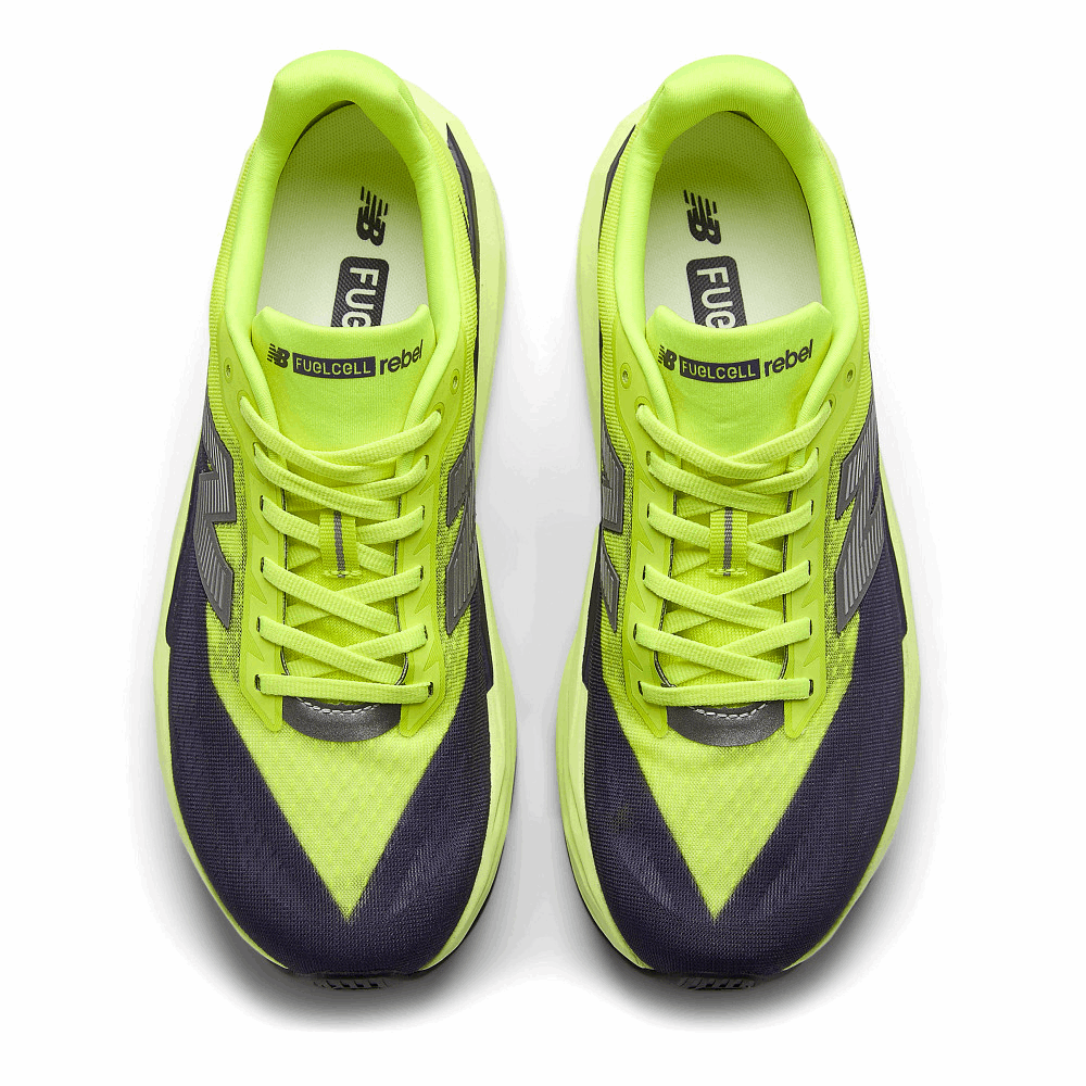 New Balance women’s FuelCell Rebel v5 running shoes, lime green mesh with navy panels and lace-up
