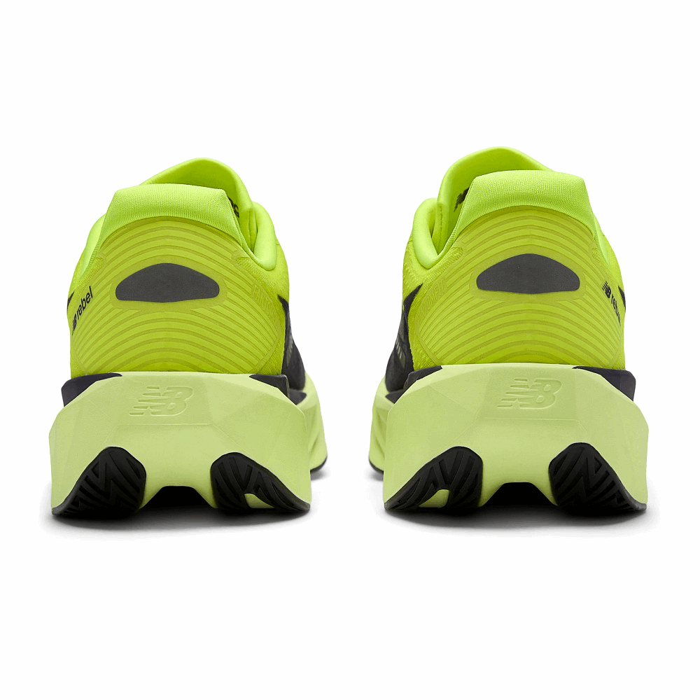 New Balance women’s FuelCell Rebel v5 running shoes, heel view with lime green uppers and treaded sole